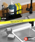 Sink Caddy With Brush Holder And Self Drain Tray, Stainless Steel Kitchen Organizer in use on countertops.