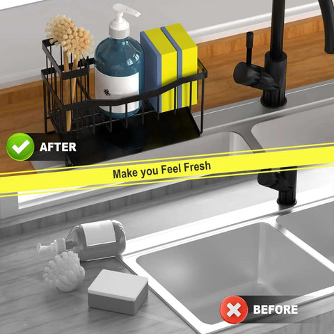 Sink Caddy With Brush Holder And Self Drain Tray, Stainless Steel Kitchen Organizer in use on countertops.