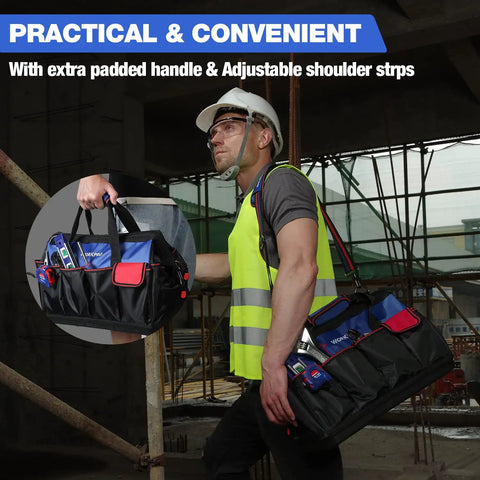 Worker on construction site holding 18 Inch Open Top Tool Bag With Waterproof Molded Base, 20 Pockets, Adjustable Shoulder Strap, 840D Cloth.