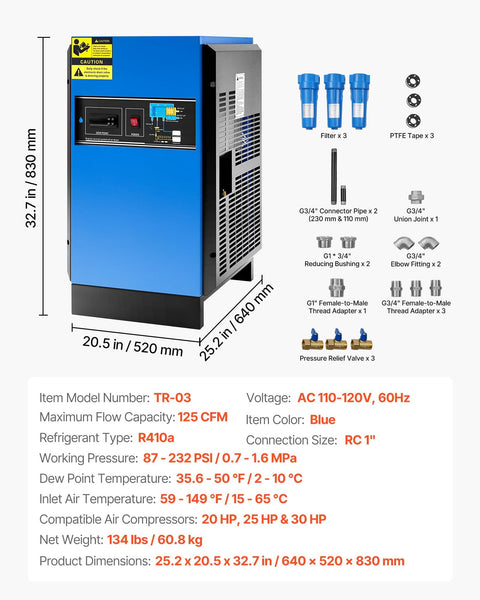 Heavy Duty Refrigerated Air Dryer 125 CFM For 20HP 25HP And 30HP Compressors 110 120V Low Dew Point 35.6 To 50F