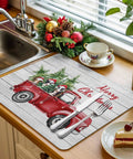 Must Have Farmhouse Christmas Dish Drying Mat With Cows And Red Truck Design For Kitchen Counter, next to festive decor