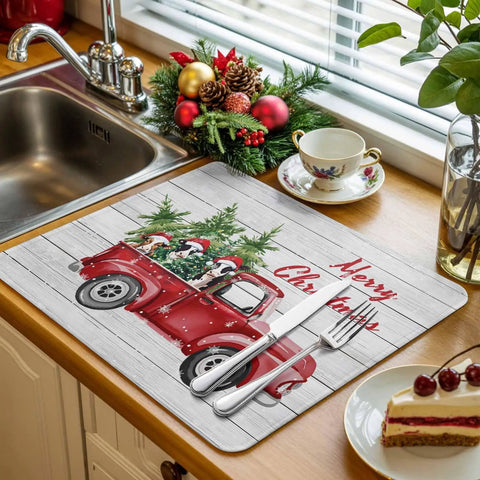Must Have Farmhouse Christmas Dish Drying Mat With Cows And Red Truck Design For Kitchen Counter, next to festive decor