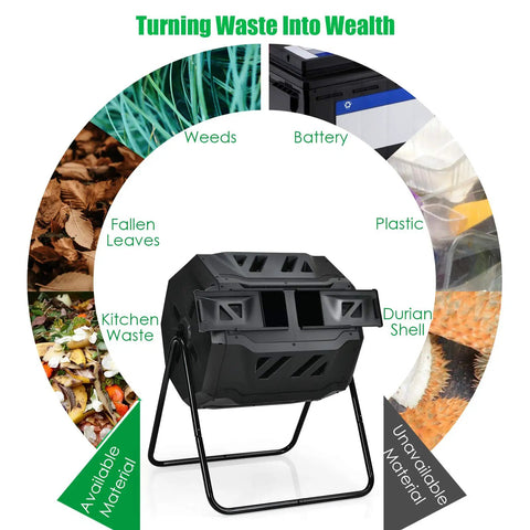 43 Gallon Composting Tumbler With Dual Chamber Design And Two Sliding Doors For Continuous High Volume No Fuss Backyard Composting
