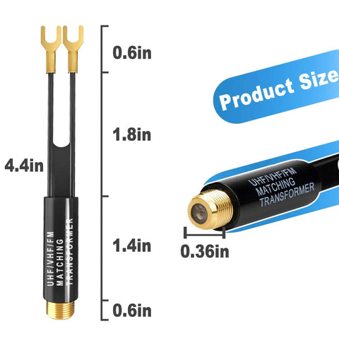Gold Plated 75 Ohm To 300 Ohm Balun Transformer Adapter dimensions with F female jack and matching transformer label