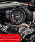 Heavy Duty Auto Fuel Pump And Vacuum Test Gauge Kit showing compound meter with gauge readings in an engine bay.