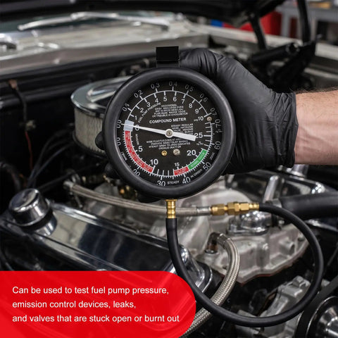 Heavy Duty Auto Fuel Pump And Vacuum Test Gauge Kit showing compound meter with gauge readings in an engine bay.