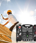95 Piece Diy Tool Set With Portable Plastic Toolbox And Adjustable Wrench Pliers Socket Bits For Home Garage And Apartment Repairs Everyday Fixes Grab And Go displayed on a roof with a builder using a hammer.