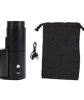 Top Shelf Portable Burr Coffee Grinder Featuring 38mm Stainless Steel Conical Blades And Anti Static Magnetic Cup, USB cable and bag included.