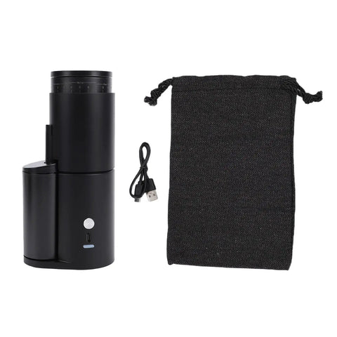 Top Shelf Portable Burr Coffee Grinder Featuring 38mm Stainless Steel Conical Blades And Anti Static Magnetic Cup, USB cable and bag included.