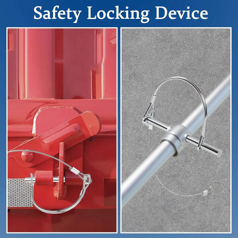 Two Pack Locking Hitch Pins With Anti Lost Rope Ring For Secure Trailer Towing, showing installed and close-up views on red and silver surfaces
