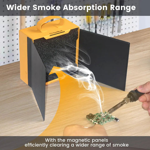 Upgraded Portable Solder Fume Extractor With Removable Magnetic Flaps, High Efficiency Solder Smoke Absorber in use