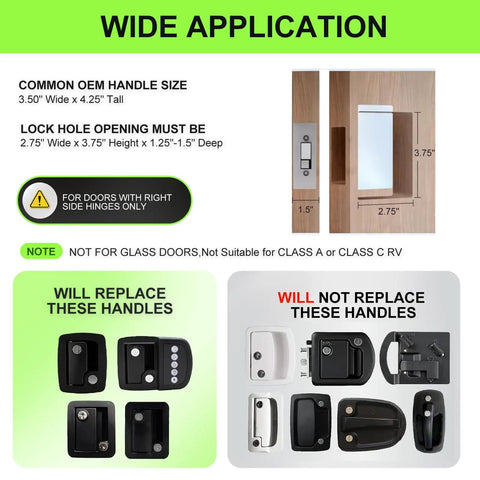 Diagram showing wide application of Beefed-Up RV Door Lock Replacement With Paddle Deadbolt And Camper Door Handle Latch, indicating fit for various handles and not suitable for glass doors.