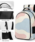 Two-Tone Abstract Print Backpack For Everyone with close-up on handle, shoulder strap, double zipper, and side pockets