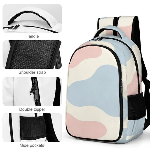 Two-Tone Abstract Print Backpack For Everyone with close-up on handle, shoulder strap, double zipper, and side pockets