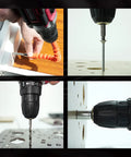 21V Cordless Drill Set With Dual Batteries And Charger in action drilling wood, metal, and screws, showcasing versatility.