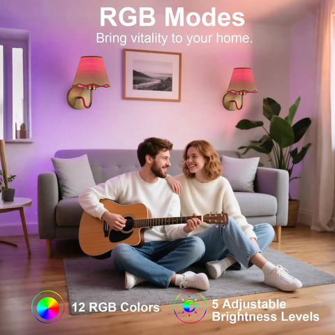 Battery Operated Wall Sconce Set Of Two With Gold Rattan Shade And Rechargeable RGB Bulbs For Wireless Bedroom Lighting showing cozy ambiance.