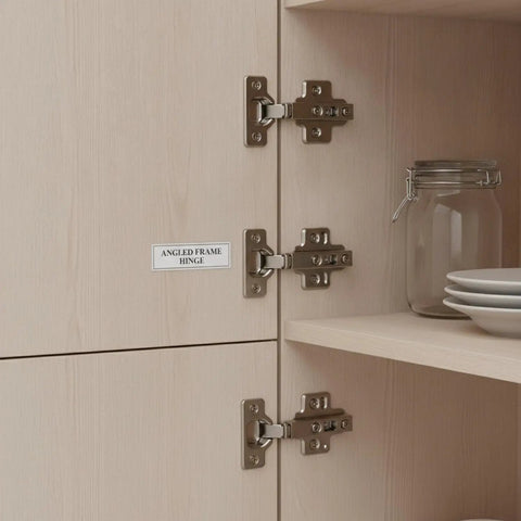 Corner Cabinet Door Hinge for Angled Frames, Built to Handle Tight Angles and Non Standard Angles, Cold Rolled Steel Hardware in use