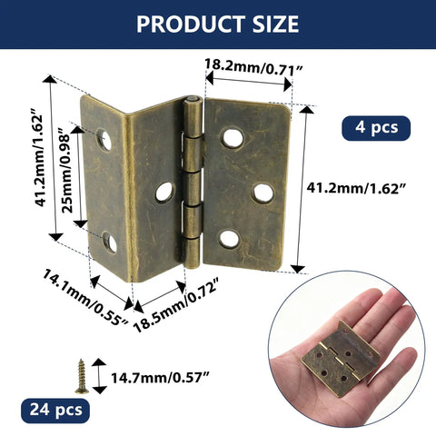Four Pack Half Surface Hinges 270 Degree Tri Fold Retro Iron Cabinet Hinges Bronze Finish with dimensions shown