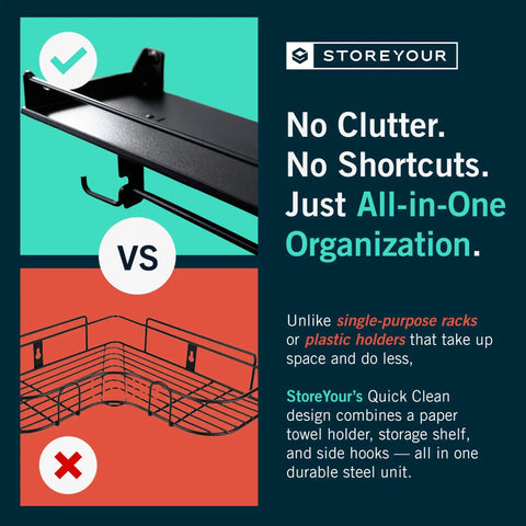 Graphic comparing Heavy Duty Wall Mount Paper Towel Holder With Shelf For Garage against single-purpose racks, highlighting storage and hooks.