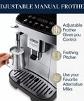 Front view of Magnifica Evo Automatic Espresso And Coffee Machine With Built In Grinder And Auto Clean Function Manual Milk Frother