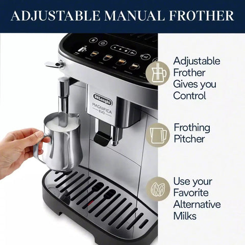 Front view of Magnifica Evo Automatic Espresso And Coffee Machine With Built In Grinder And Auto Clean Function Manual Milk Frother