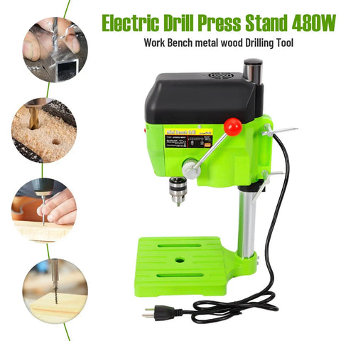 Powerful 480W Mini Bench Drill Press Machine With Dual Speed Settings Up To 11000 RPM For Drilling Wood Hard Plastic Aluminum And Thin Metal In Home Workshop Projects with green stand and drill bit.