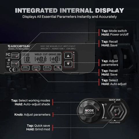 Pro Grade Intelligent Auto Shade Welding Helmet With Large 4.6 By 3.2 Inch Viewing Screen True Color Internal Display controls