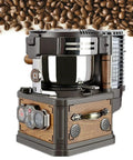 Indoor Smokeless Coffee Bean Roaster Featuring Three Heat Settings Lowkey Quiet Motor Precise Temperature Regulation No Sweat Automated Peel Removal Smooth Home Barista Setup side view with control panel.