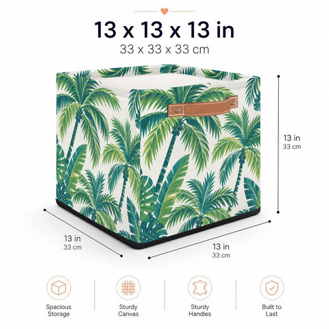 13 Inch Foldable Cube Storage Bins With Reinforced Handles Heavy Duty Waterproof Fabric Closet Organizer showing tropical leaf design and sturdy handles