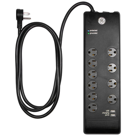 Black 10 Outlet Surge Protector With 2 USB Ports, 6 Foot Cord, 3000 Joules, Flat Plug, Twist To Close Safety Covers, Power Filter