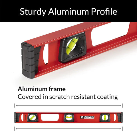 Twenty Four Inch I Beam Level Featuring Rock Solid Aluminum Frame And Vivid Cylindrical Vials For Dead On Horizontal And Forty Five Degree Checks Plus Sturdy Side Handles With Heavy Duty Rubber Bumpers