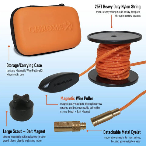 Wire Pulling System With Magnetic Tool Kit For Easy Cable Routing And Wall Installations shown with components, nylon string, carrying case.