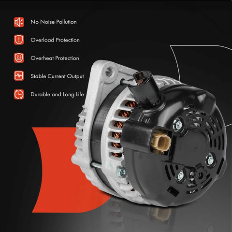 Alternator Direct Replacement For Honda Accord V6 3.5L 12V 130A With Six Groove Pulley Clockwise Rotation Fits 2008 2009 2010 2011 2012 Accord And 2010 Crosstour 3.5L Replaces 1042105910 31100R70A01 2100645, front view showing components and features