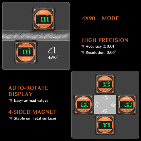 4-Side Magnetic Digital Angle Gauge With Laser Protractor Level, No-Brainer Inclinometer For Woodworking Tablesaw, Precision 0.05 To 0.2 Degrees, Relative And Absolute Modes, Rechargeable, 4x90 Degree Angles. 4x90° mode, auto-rotate display, magnetic four-side digital inclinometer