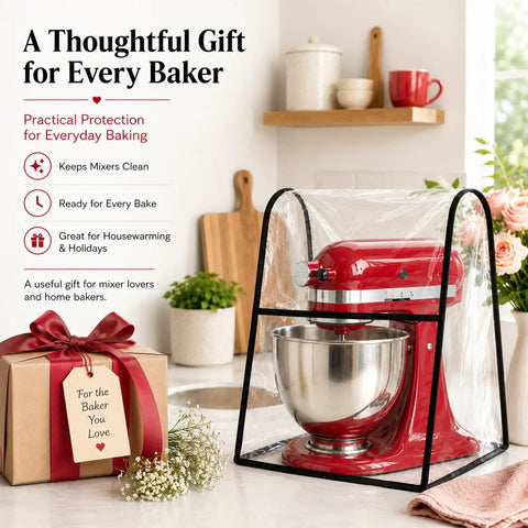 Red stand mixer under Clear Heavy Duty PEVA Stand Mixer Cover for 5 to 8 Quart Mixers, Waterproof Dust Protector