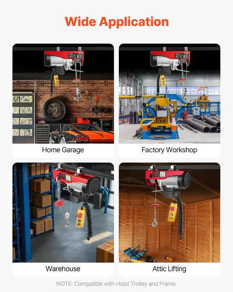 Electric Hoist With 14 Ft Wired Remote, 1320 Lb Capacity, 110V Winch for factory, garage, warehouse, and attic use
