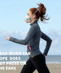 Person jogging wearing NIOSH Certified N95 Mask With Exhalation Valve Four Layer Filtration Nose Clip Adjustable Head Straps