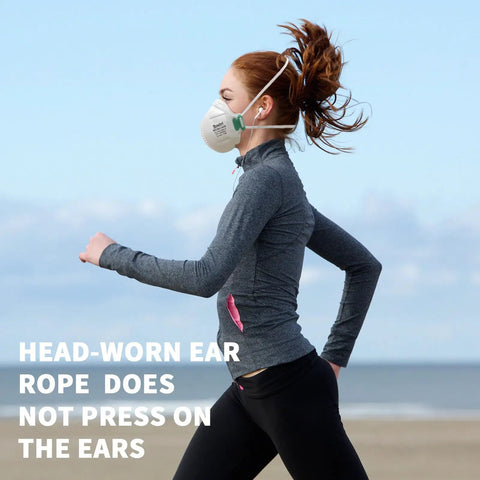 Person jogging wearing NIOSH Certified N95 Mask With Exhalation Valve Four Layer Filtration Nose Clip Adjustable Head Straps