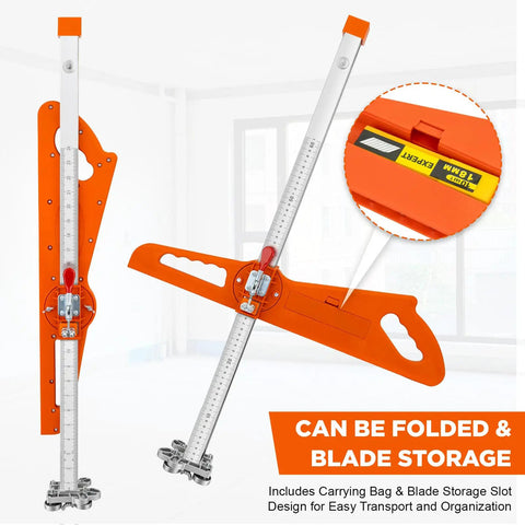 Foldable Drywall Cutter With 23 Bearing System And Dual Handle Positioning For Precise Sheetrock Cuts On Quarter To Half Inch Boards Includes Pro Grade Snap Off Blade Blade Storage Slot And Carry Bag, orange folded with blade storage