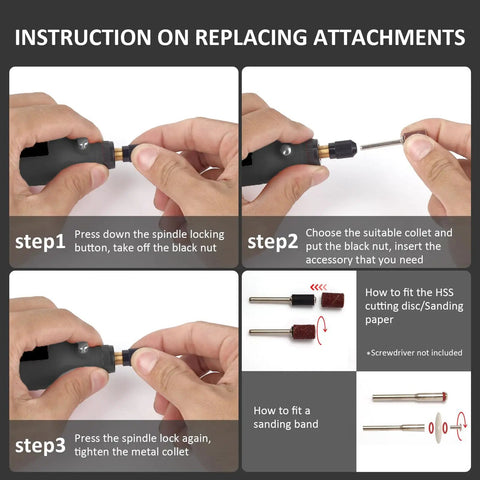 Instruction on replacing attachments for Badass Mini Cordless Rotary Tool With Forty Five Pro Attachments And Fast Usb C Rechargeable Battery.