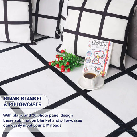 Two Pack 60x50 Sublimation Blankets With 20 Panel Heat Press Friendly showcasing checkered pattern with pillows, book, and coffee cup.