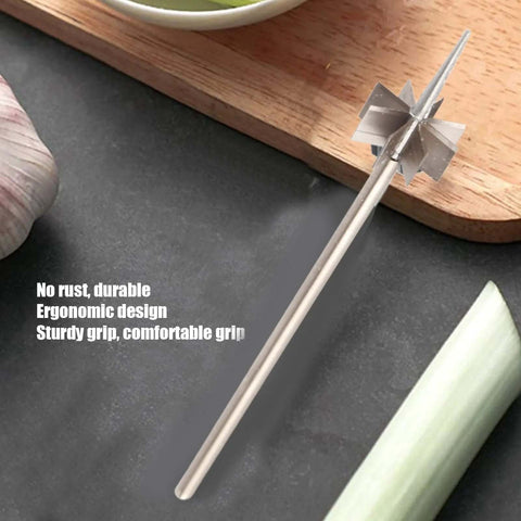 Side view of stainless steel onion/scallion cutter with plum-blossom multi-blade head and long handle.