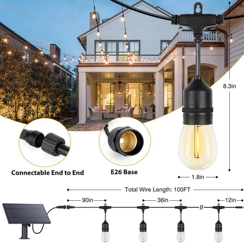Outdoor Solar String Lights 100 Ft With 30 Plus 2 Shatterproof LED Bulbs IP65 Waterproof USB Port Remote Control 2700K Warm White Cozy Bistro Vibe For Backyard Deck Garden Patio Decor