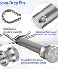 Close-up of a stainless steel five eighth inch hitch pin and lock clip with galvanized finish, heavy duty trailer accessory.