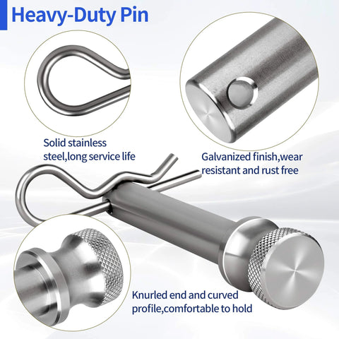 Close-up of a stainless steel five eighth inch hitch pin and lock clip with galvanized finish, heavy duty trailer accessory.