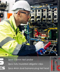 Engineer using Six Piece Multimeter Test Leads Kit With 4Mm Banana Plug Leads Insulated Alligator Clips Back Probes And Piercing Probes For Auto Diagnostics