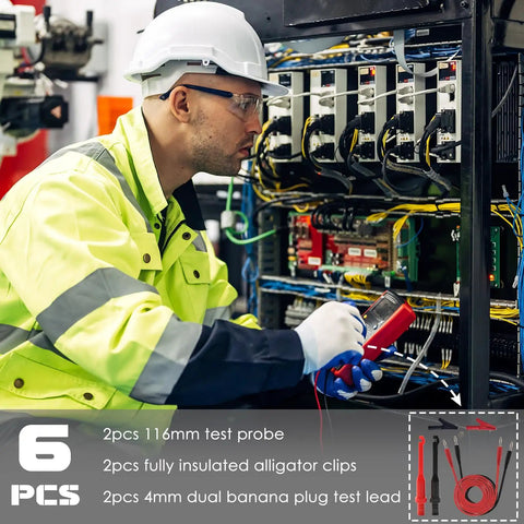 Engineer using Six Piece Multimeter Test Leads Kit With 4Mm Banana Plug Leads Insulated Alligator Clips Back Probes And Piercing Probes For Auto Diagnostics