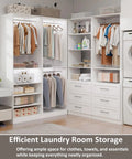 Slick Modular Closet System That Gives Your Bedroom A Major Wardrobe Flex Featuring Six Mega Drawers Eight Stretch Hanging Rods And Adjustable Shelving Towers White Four Piece Kit in a laundry room setting.