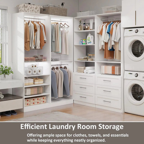 Slick Modular Closet System That Gives Your Bedroom A Major Wardrobe Flex Featuring Six Mega Drawers Eight Stretch Hanging Rods And Adjustable Shelving Towers White Four Piece Kit in a laundry room setting.