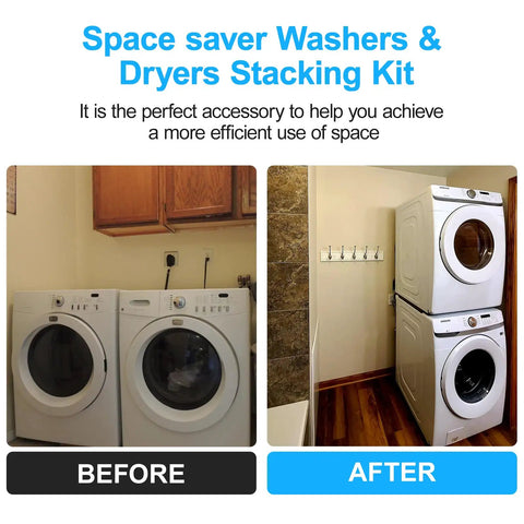 Space Saving Stacking Kit For 27 Inch Front Load Washers And Dryers Compatible With Most Units Includes SKK-8K And SKK-7A Brackets For A Stackable Laundry System Easy Install And Maximum Laundry Room Space showing before and after stacking.